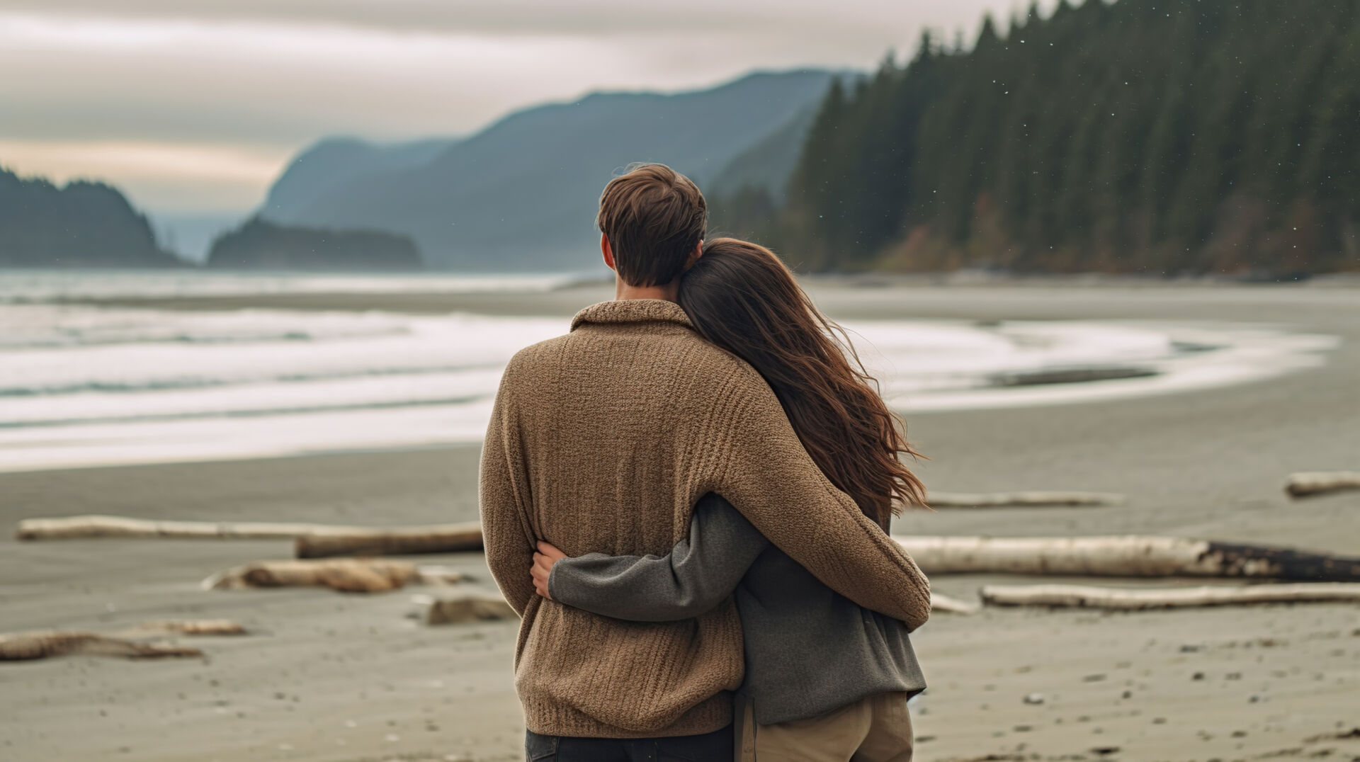 Back view photo of young cute loving couple hugging Generative AI